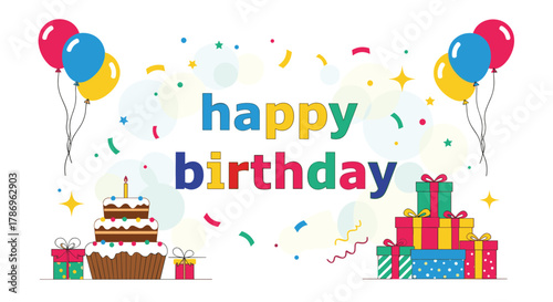 Celebrate joyous moments with vibrant birthday decorations including cake, gifts, balloons, and festive confetti