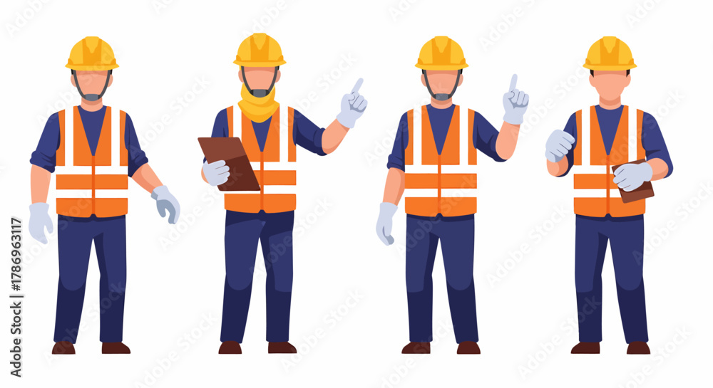 Obraz premium Four construction workers in safety vests and hard hats, some holding clipboards and pointing.