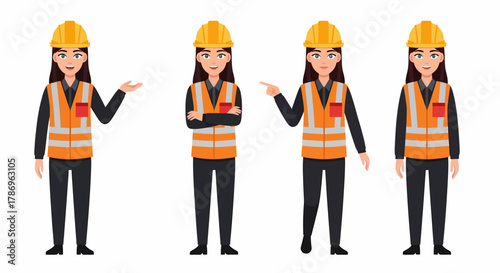 Four illustrations of a woman construction worker wearing a safety vest and hard hat in different poses.