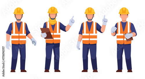 Four construction workers in safety vests and hard hats, some holding clipboards and pointing.