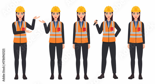 Five different poses of a female construction worker wearing a hard hat and safety vest, standing.