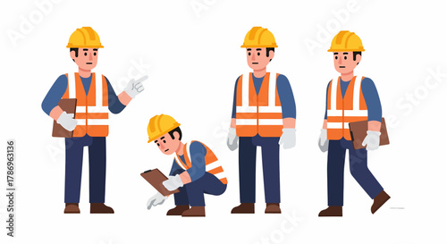Construction worker in various poses with clipboard and hard hat.