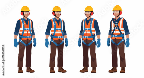 Four construction workers wearing safety gear, standing in a row.