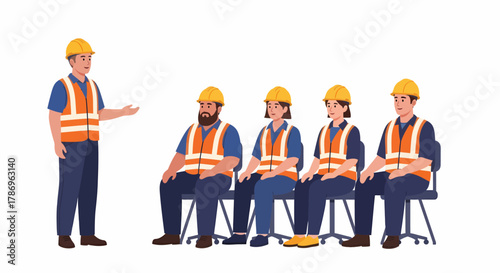 A construction foreman leading a safety meeting or toolbox talk with a diverse team of workers wearing hard hats and vests.