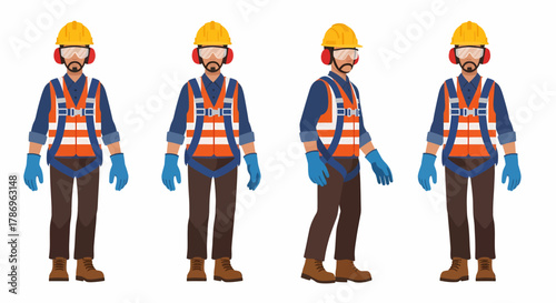 Four views of a construction worker wearing a hard hat, safety vest, and gloves.