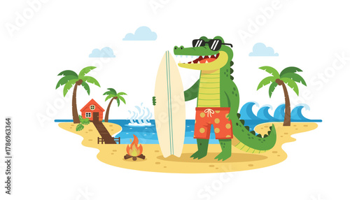 Joyful alligator surfer with surfboard on tropical beach near ocean waves, palm trees and campfire
