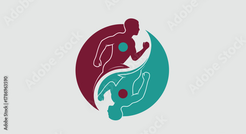 Dynamic runners in a yin yang symbol embody balance, motion, and athletic achievement for a vibrant fitness brand