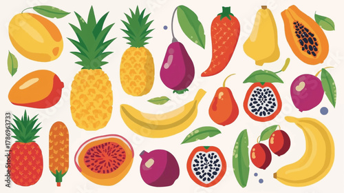 A vibrant assortment of tropical fruits, including pineapples, mangoes, bananas, and passion fruits, arranged on a light background, perfect for healthy eating concepts.