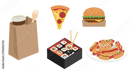 Vibrant assortment of popular takeout foods including pizza, sushi, burgers, hot dogs, and coffee for a delicious meal