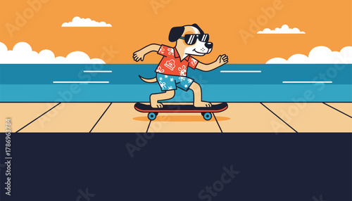 Cool dog in sunglasses and Hawaiian shirt cruises on skateboard by the ocean at sunset