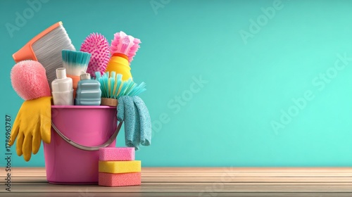 A pink bucket filled with cleaning supplies on a wooden table against a turquoise background.