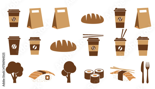 Charming collection of stylized coffee cups, paper bags, bread loaves, sushi rolls, and trees in a warm brown palette