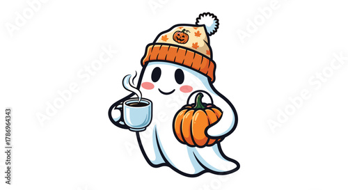 Adorable ghost character holding a steaming coffee cup and pumpkin, embracing cozy autumn vibes with a festive beanie