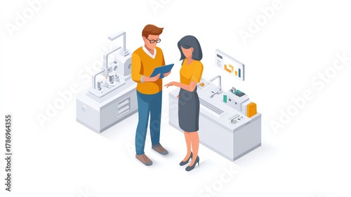 A simple and clean isometric illustration of two female engineers in a factory, collaborating on a project using a tablet computer