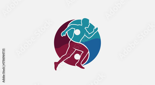 Dynamic running figure integrated with yin yang symbol representing balance and motion for sports and wellness brands