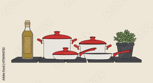 Modern kitchen essentials including pots, pans, oil bottle, and a healthy green plant arranged neatly on shelves