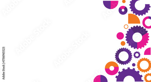 Dynamic graphic gears and circles in vibrant purple, pink, and orange create a modern, abstract business concept background