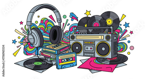 Vibrant retro boombox, headphones, and vinyl records explode with colorful energy and nostalgic music vibes