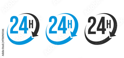 24 Hours Service Icon Set – Blue and Black 24h Clock Symbol with Arrow for Support, Delivery, and Business Availability
