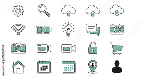 Modern minimalist flat line vector icon set with 16 cohesive technology & UI symbols. Perfect for web design, mobile apps, dashboards, and digital presentations.