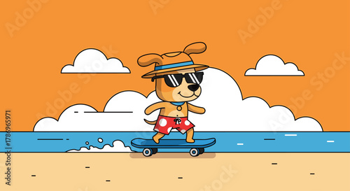 Cool cartoon dog enjoys a sunny day skateboarding at the beach with waves and clouds creating a vibrant summer vibe