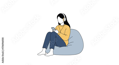 Relaxed woman enjoying music and phone on beanbag chair, peaceful modern lifestyle moment