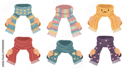 Cozy winter scarves in vibrant colors and charming patterns held by hands, perfect for seasonal promotions