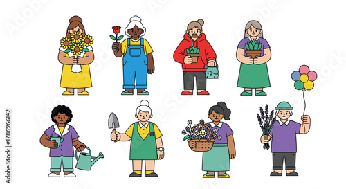 Diverse group of people happily gardening and enjoying nature's beauty with flowers and plants
