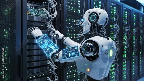 AI Robot Working in Data Center - A futuristic AI robot is depicted in a data center, interacting with servers and data displays.