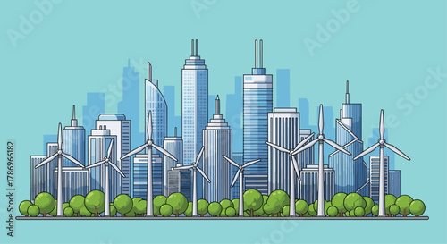 Modern city skyline powered by clean wind energy with lush green trees in the foreground