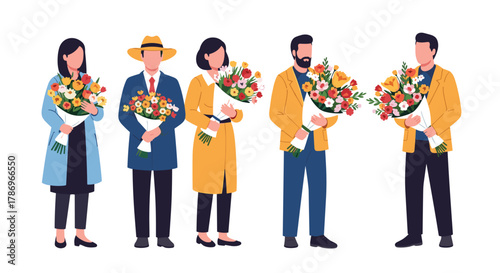 Joyful diverse group holding vibrant flower bouquets celebrating special moments and expressing heartfelt emotions with vibrant colors
