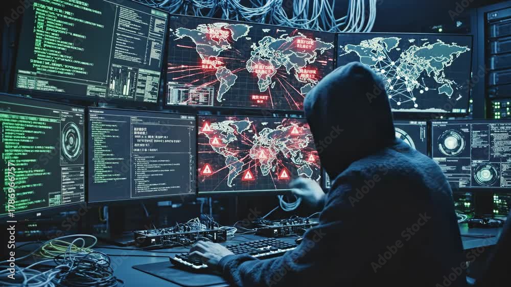 Cyber Security Breach: Hacker at Work - A hooded figure works on ...