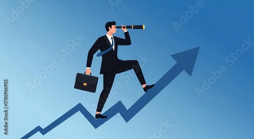 Determined businessman using a spyglass while walking up a soaring growth arrow, illustrating strategic foresight, future vision, and successful business development
