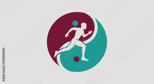 Dynamic runner silhouette embodies balance and motion within a modern yin yang symbol, perfect for wellness and sports brands