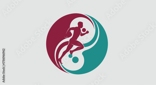 Dynamic runner silhouette in vibrant yin yang symbol represents balance, energy, and athletic pursuit in modern design