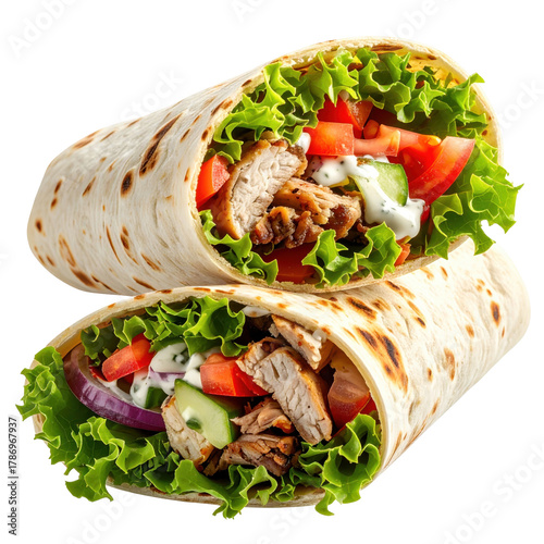 Shawarma wrap in thin saj bread, filled with sliced marinated meat, fresh vegetables, and sauce, isolated on white background