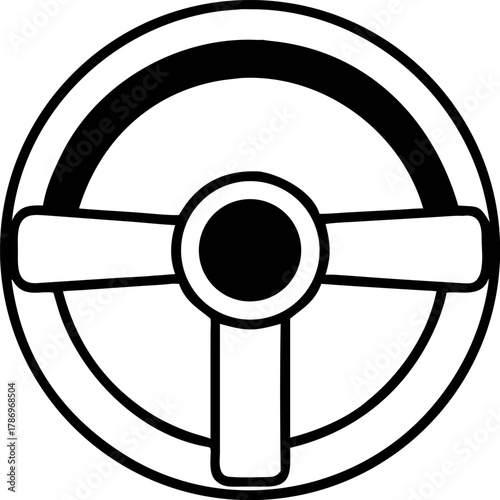 Monochrome steering wheel icon for vehicle control and driving. A simple line art graphic symbol for automotive and transportation