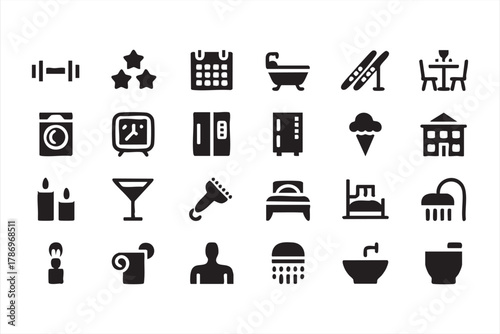 Vacation and resort solid icons for comfort and accommodation design