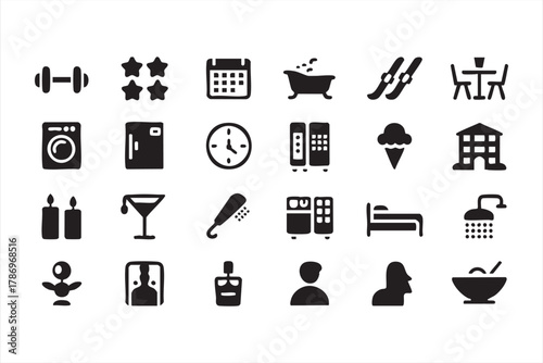 Black vector illustrations of hotel amenities and travel services