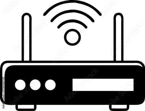 Black and white icon of a wireless router with signal waves, symbolizing internet connection and network connectivity