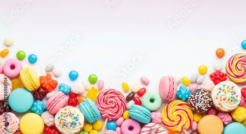 A colorful assortment of candies and sweets on a white background.