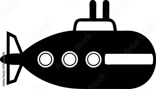 Black and white illustration of a submarine, a watercraft designed to operate completely submerged in water for military or scientific purposes, perfect for nautical themes