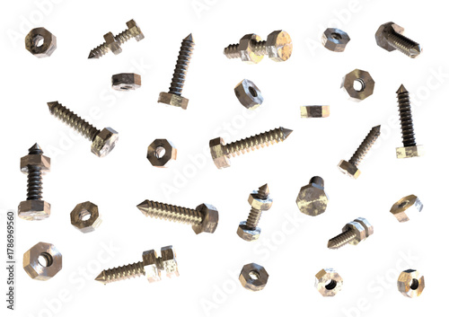 Some direction rusted screws and nuts isolated vector objects created by 3D modeling.
