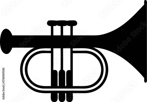 Striking black silhouette of a trumpet icon symbolizes the vibrant world of music, performance, and rhythmic expression