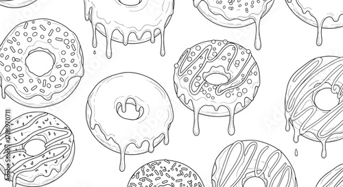 Seamless pattern of various black and white illustrated donuts with dripping icing.