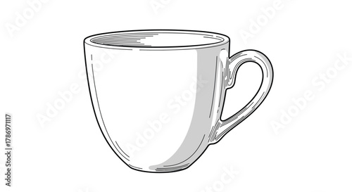 Simple line drawing of a white coffee cup with a handle on a white background.