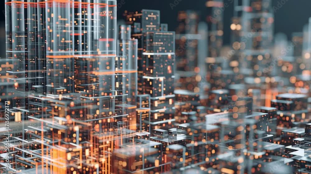 City Building Overlap A cityscape with many buildings and lights. The buildings are tall ...