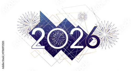 Stylized 2026 with fireworks and geometric shapes, celebrating a new year or event.