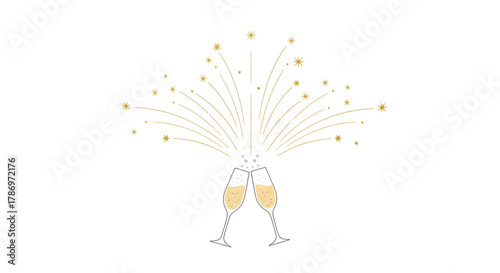 Two champagne glasses toasting with sparkling fireworks celebrating a special occasion.