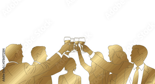 Golden Silhouettes of People Toasting with Glasses in Celebration.